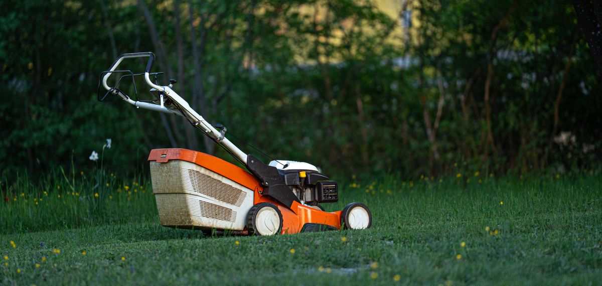 A walk-behind mower parked on a lawn in low evening light