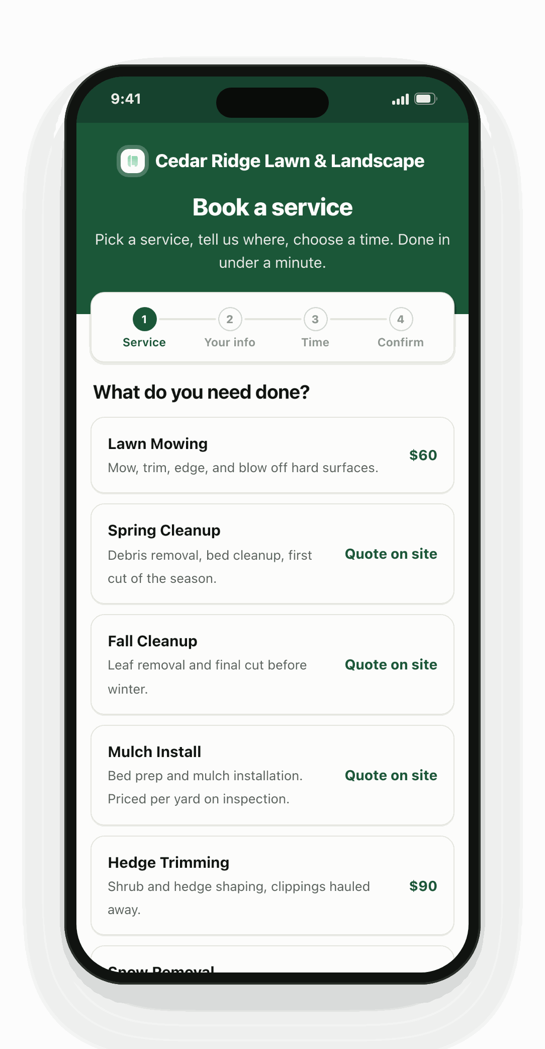 The customer booking page on a phone: pick a service, your info, a time, confirm