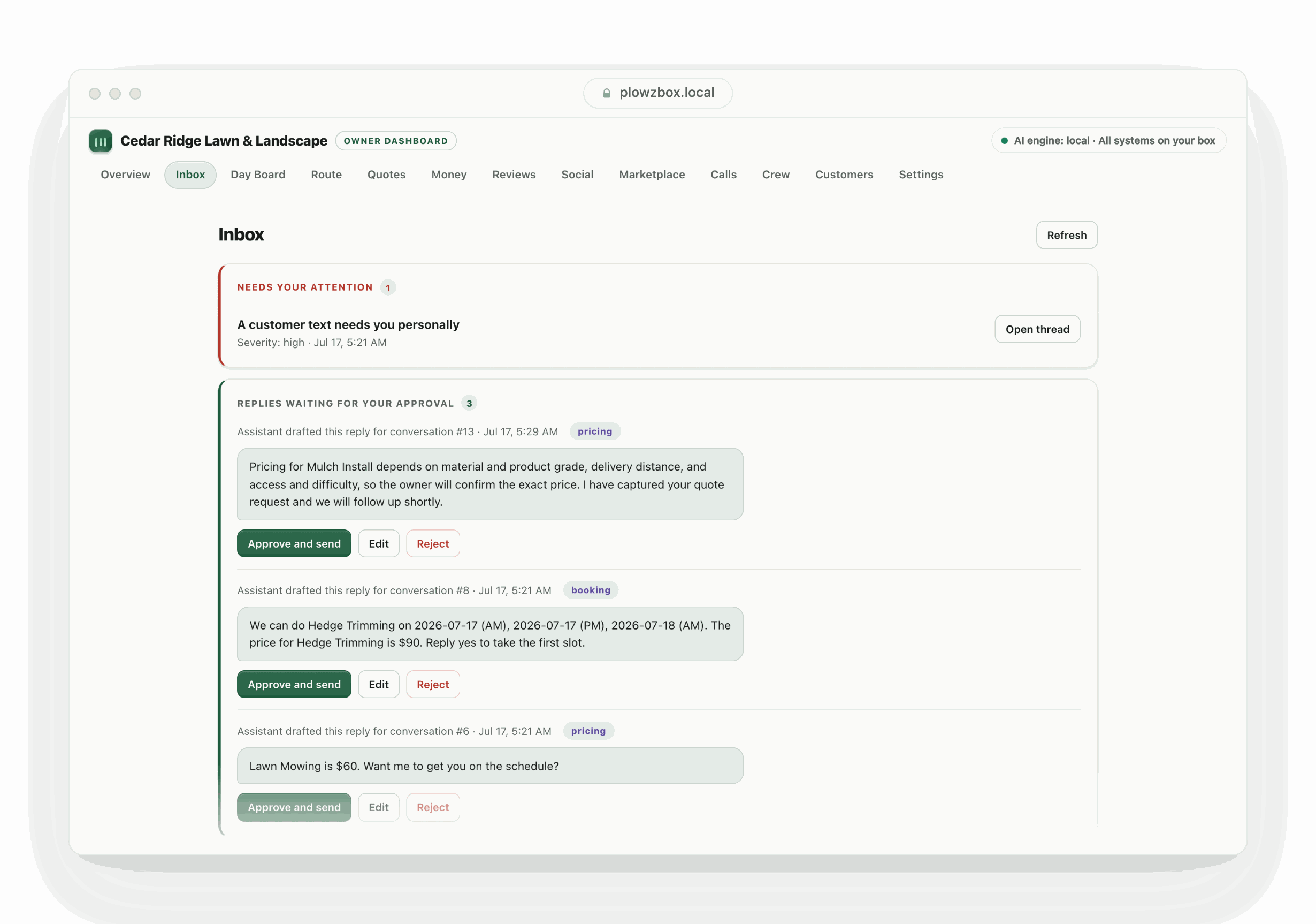 PlowzBox owner inbox: three AI-drafted replies waiting for approval and one customer text escalated to the owner with no auto-reply sent
