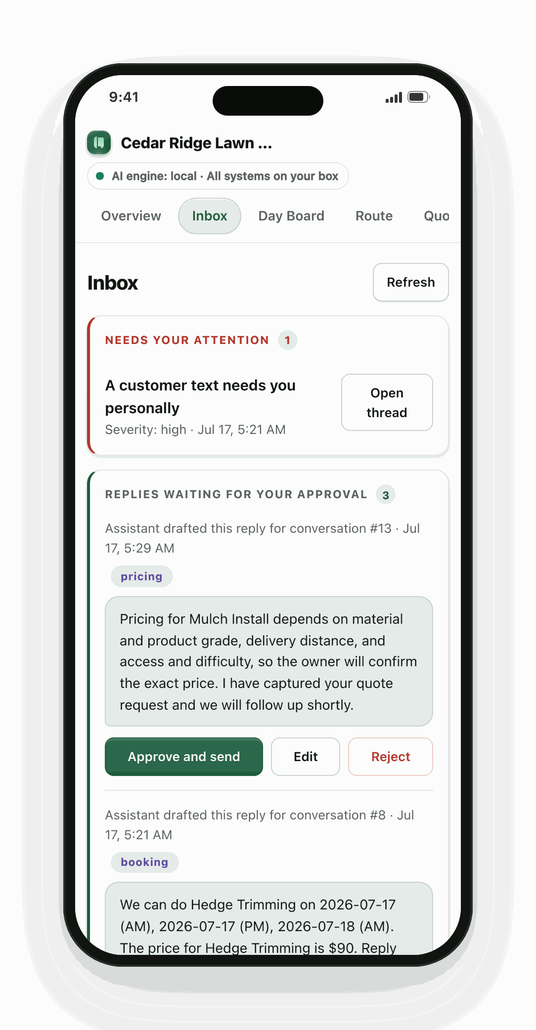 The PlowzBox approval queue on the owner's phone with an approve-and-send button under a drafted reply