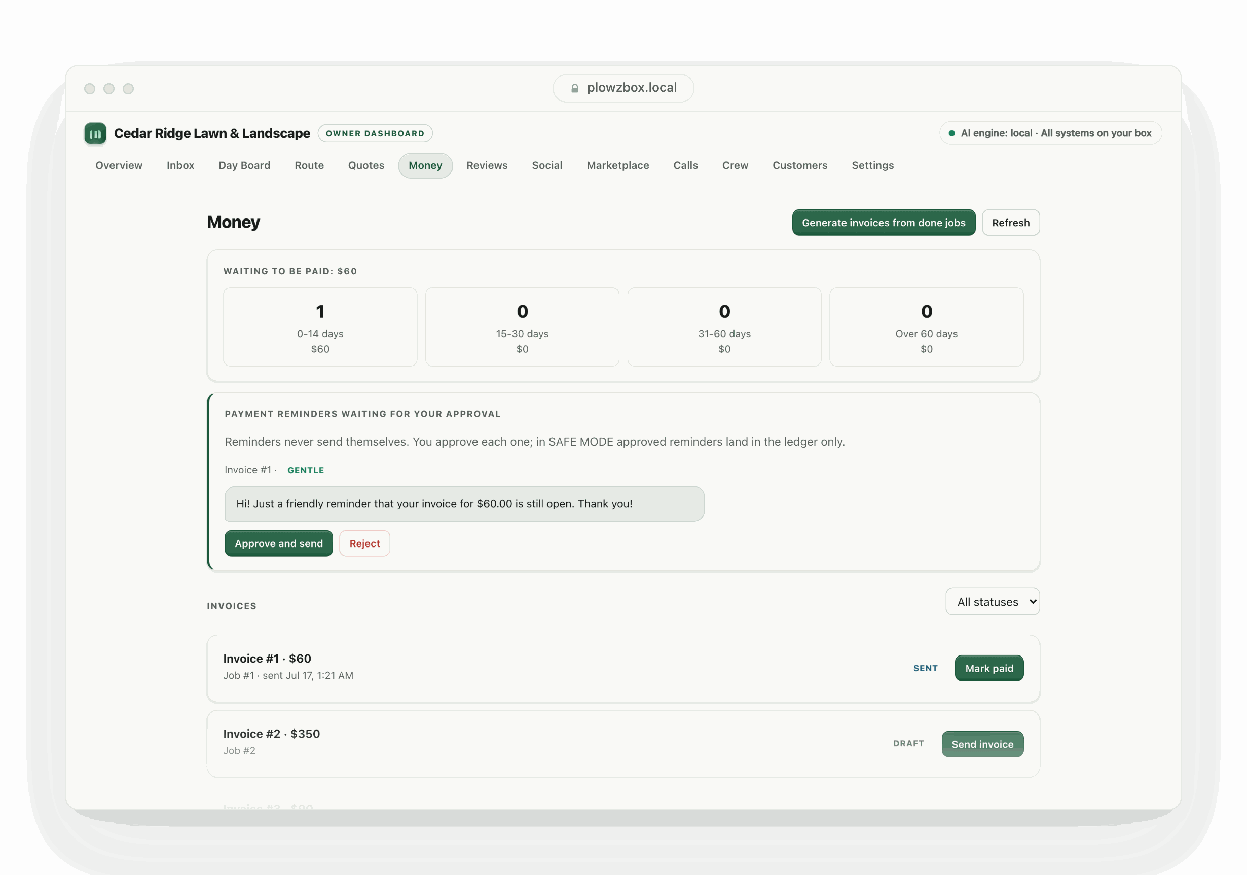 PlowzBox money tab: invoice aging, a payment reminder waiting for owner approval, and sent, draft, and paid invoices